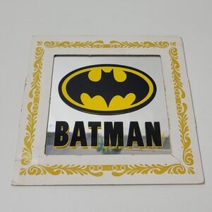 Vintage Batman Glass Carnival Prize Mirror 8x8 DC Comics Bat Signal Logo Decor